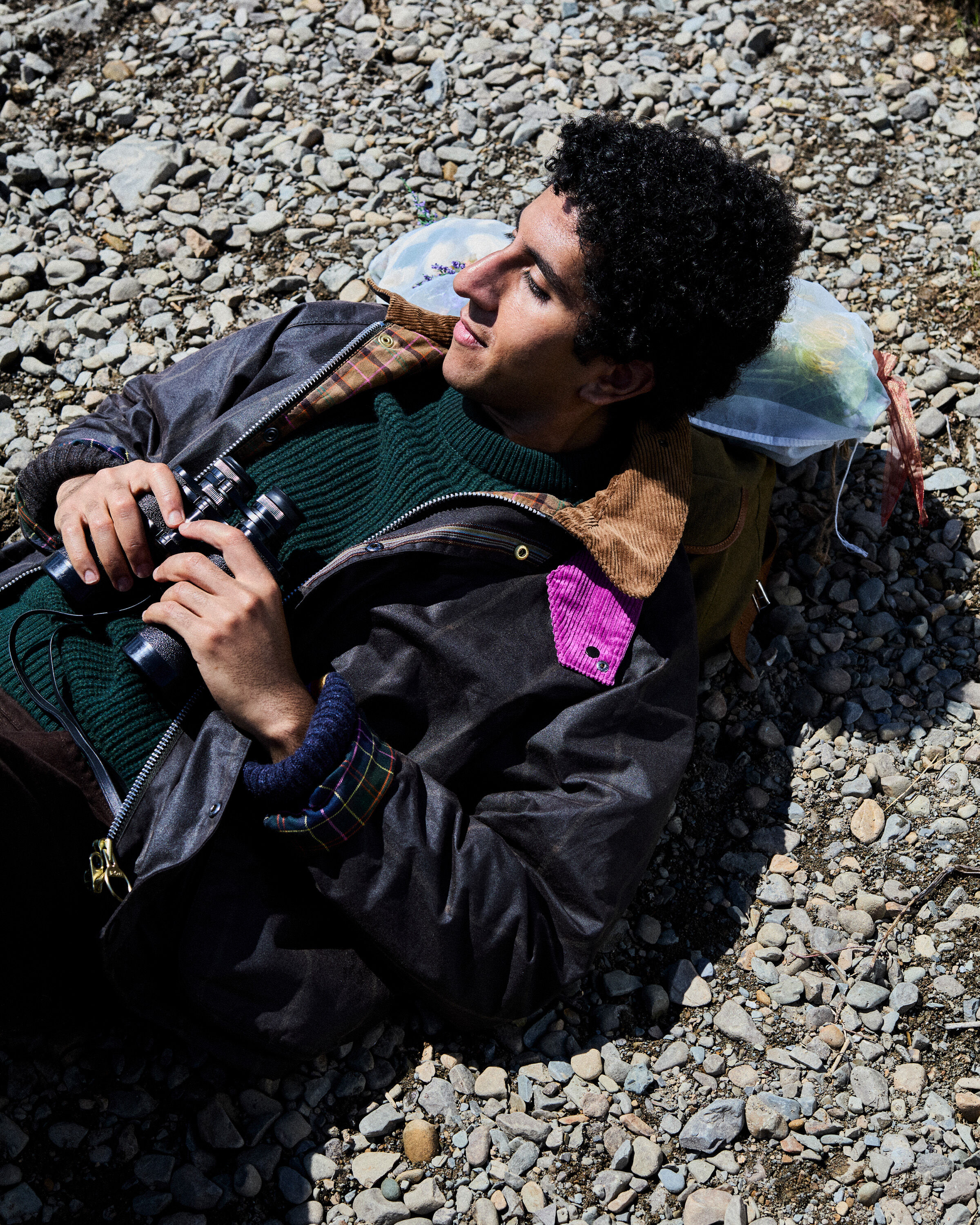 Paul Smith Loves Barbour Transport Window Pane Wax Jacket in rustic/black with magenta corduroy throat tab