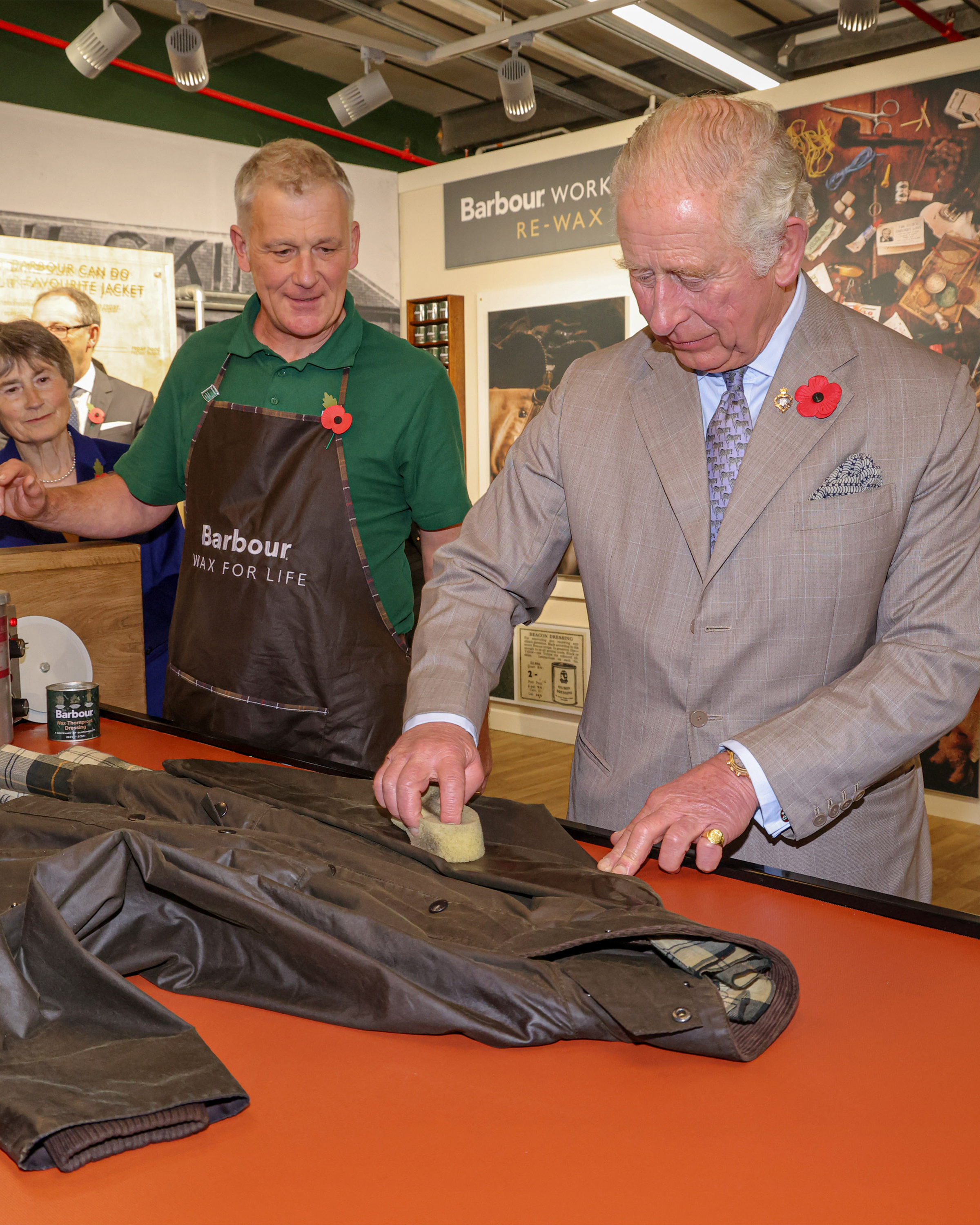 HRH Rewaxing a jacket in the Barbour factory