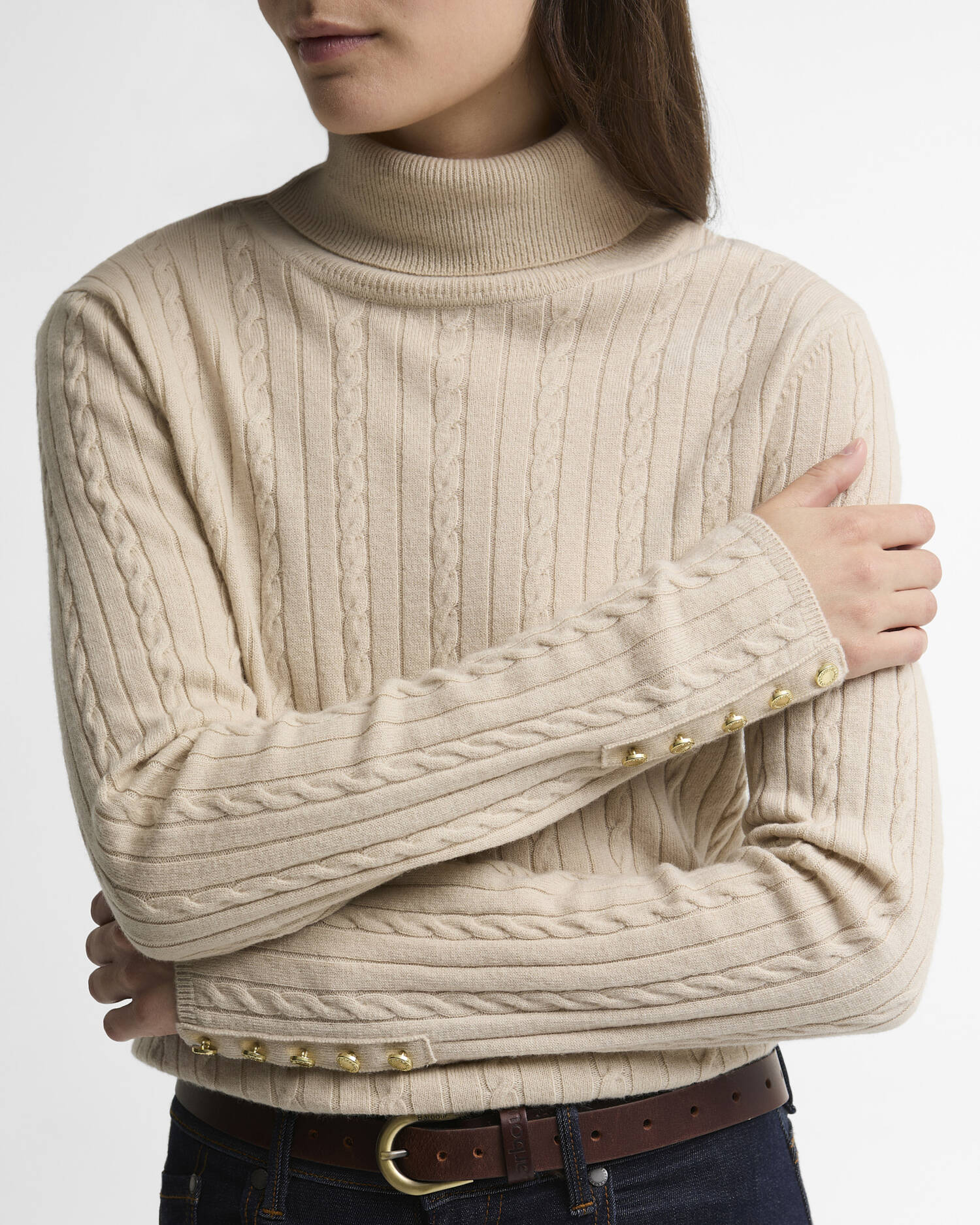 Maglione a trecce Georgette a collo alto con risvolto Birch image number 3