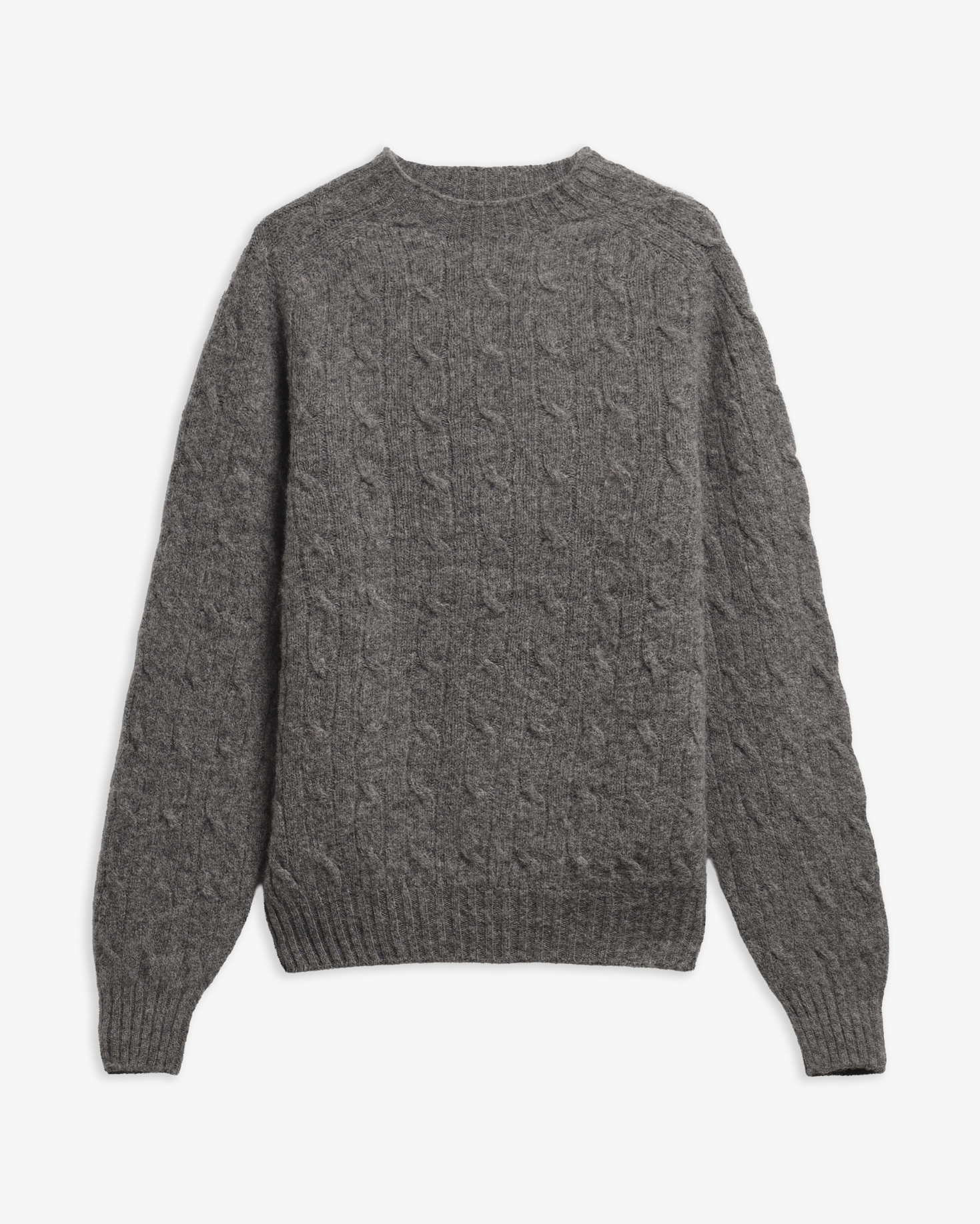 Scottish Made Cable-Knit Wool Crew Neck Jumper Grey Marl