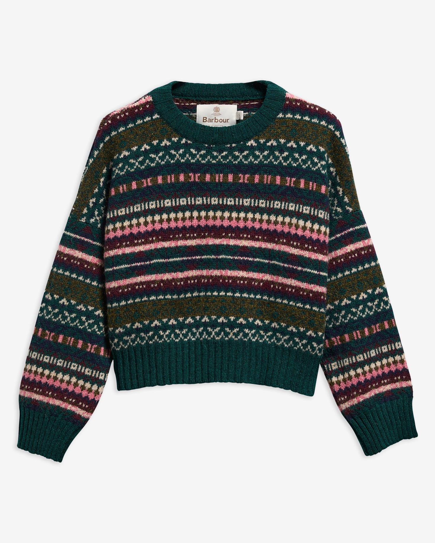 Barbour Wollpullover Scottish Made Overton Cropped Rundhalsausschnitt Olive Multi