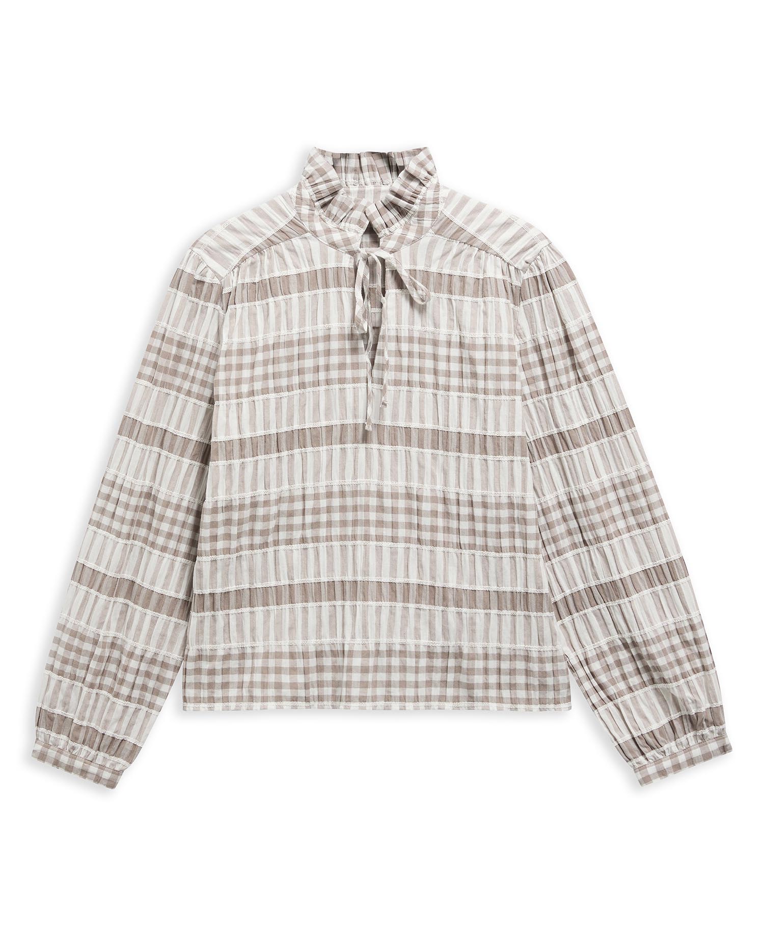 Hinton Gingham Ruffled Blouse Sand/White Gingham