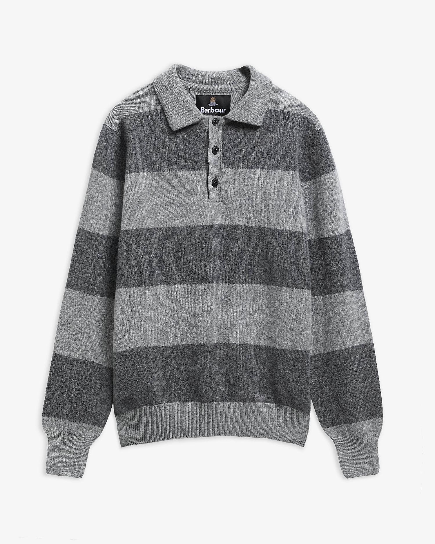 Scottish Made Striped Wool Polo Shirt Grey Marl
