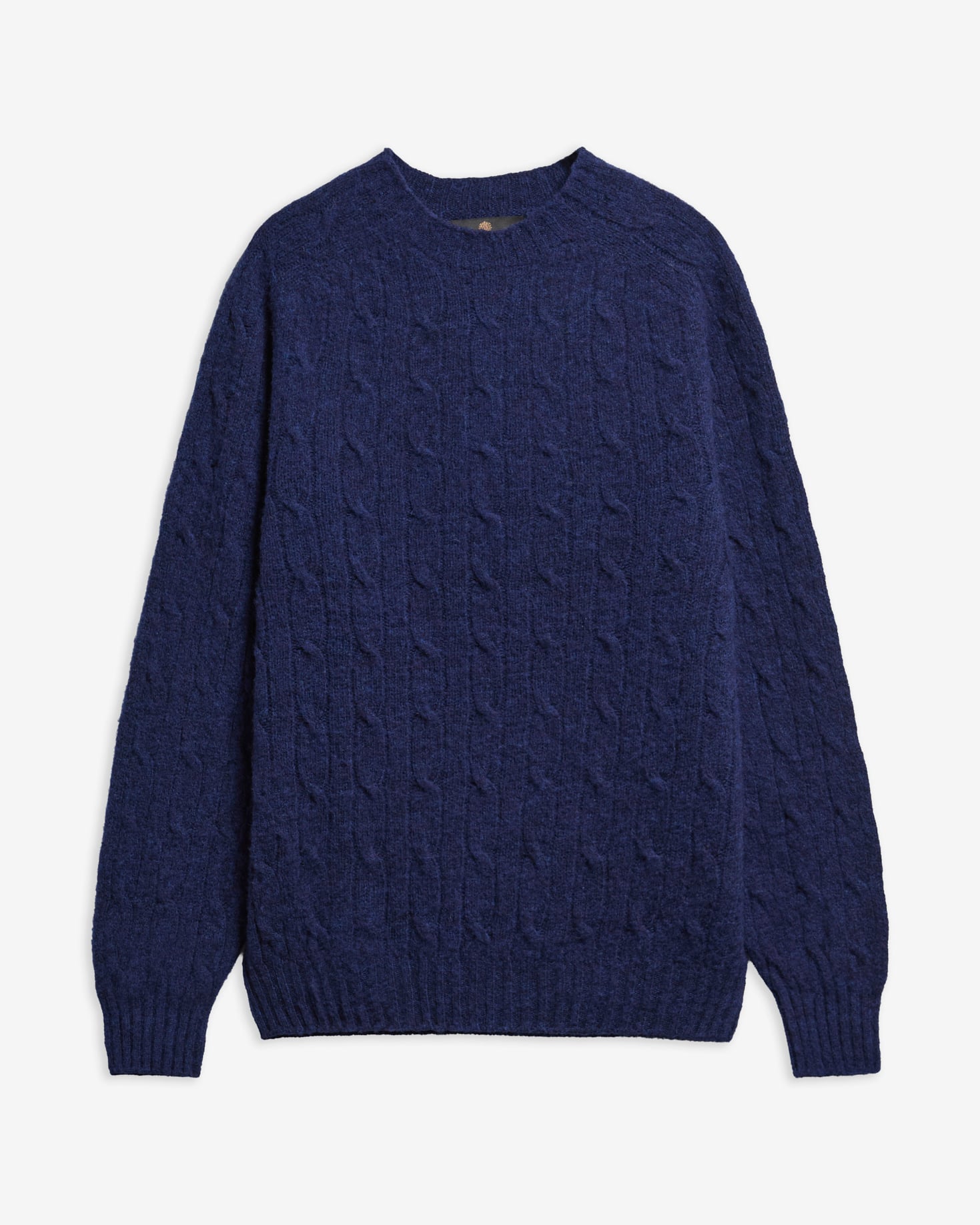 Maglione girocollo Scottish Made in lana con lavorazione a trecce Deep Blue